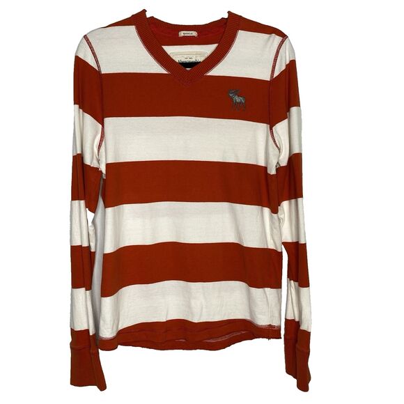 ABERCROMBIE FITCH Shirt 100% Cotton Muscle Fit V Neck Striped Logo Mens M Orange - Picture 1 of 6